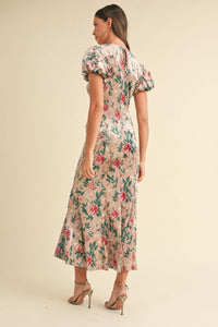 Mable - Puff Sleeve Velvet Floral Mermaid Midi Dress