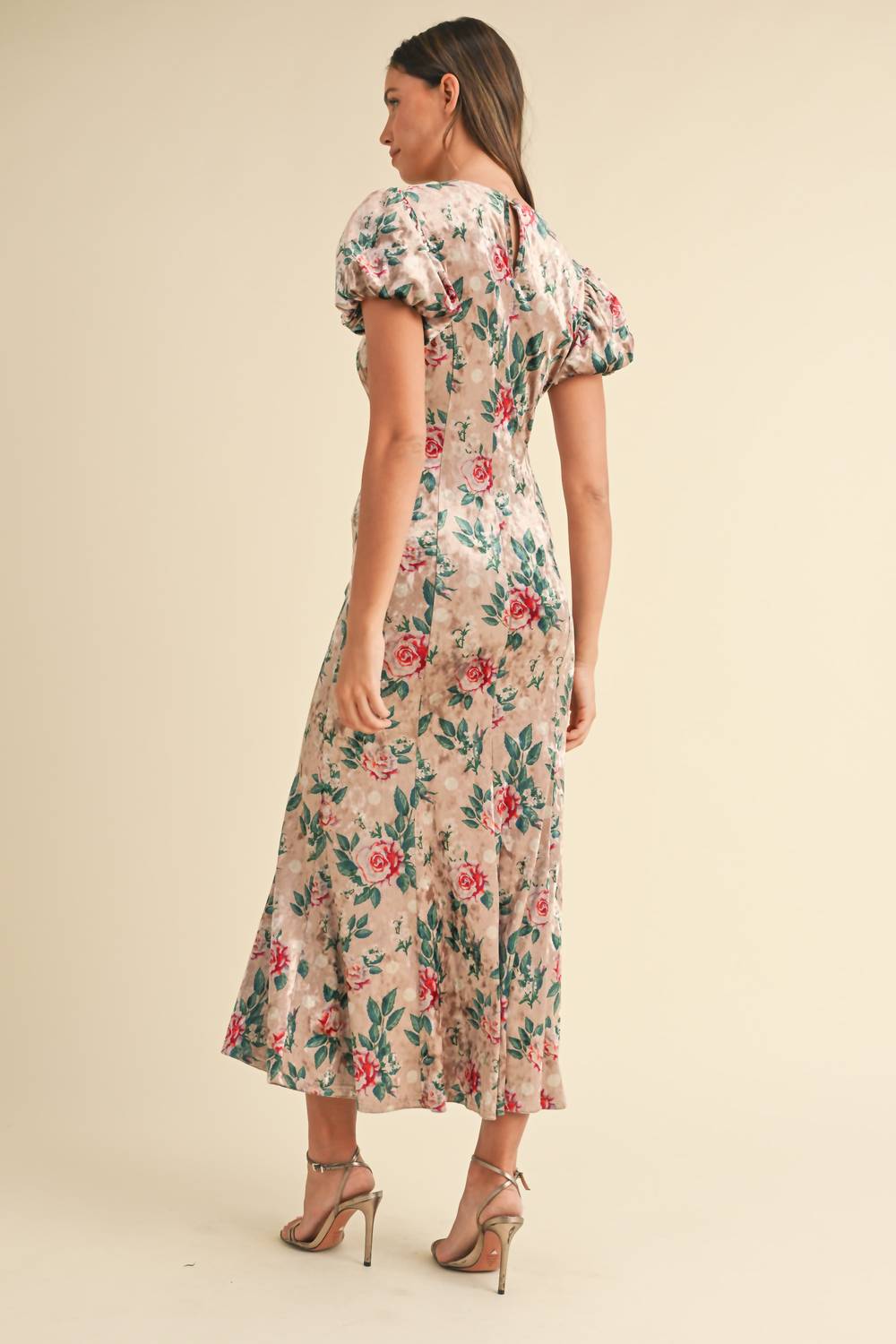 Mable - Puff Sleeve Velvet Floral Mermaid Midi Dress
