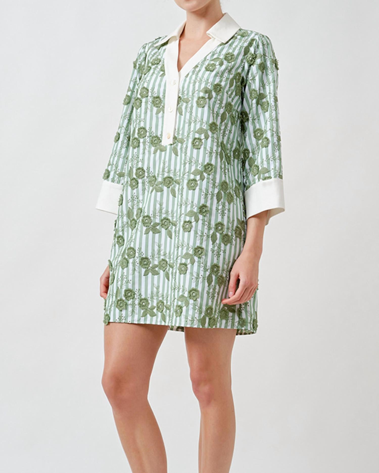 Maude Club Women's Flower Embroidered Stripe Mini Tunic Dress in mint green - women's dress