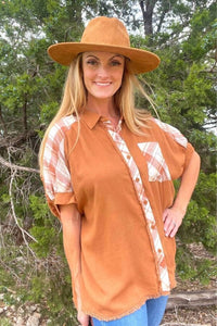 Camel Linen Plaid Button Down Shirt with Unfinished Frayed Hem