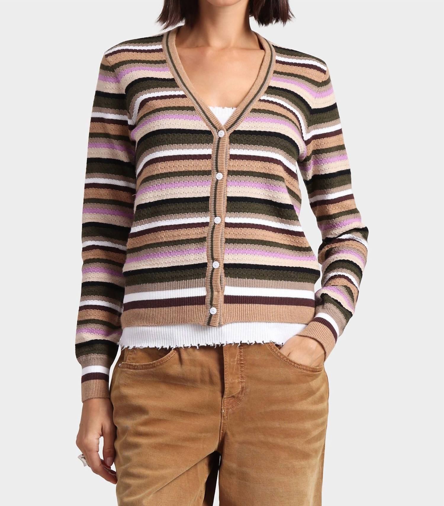 Minnie Rose - Cotton Cashmere Weekend Texture Stripe Cardigan