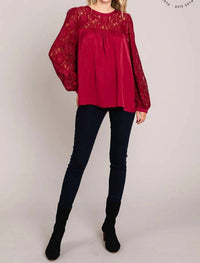 Davi & Dani - Soft Satin Blouse With Contrast Lace Neck
