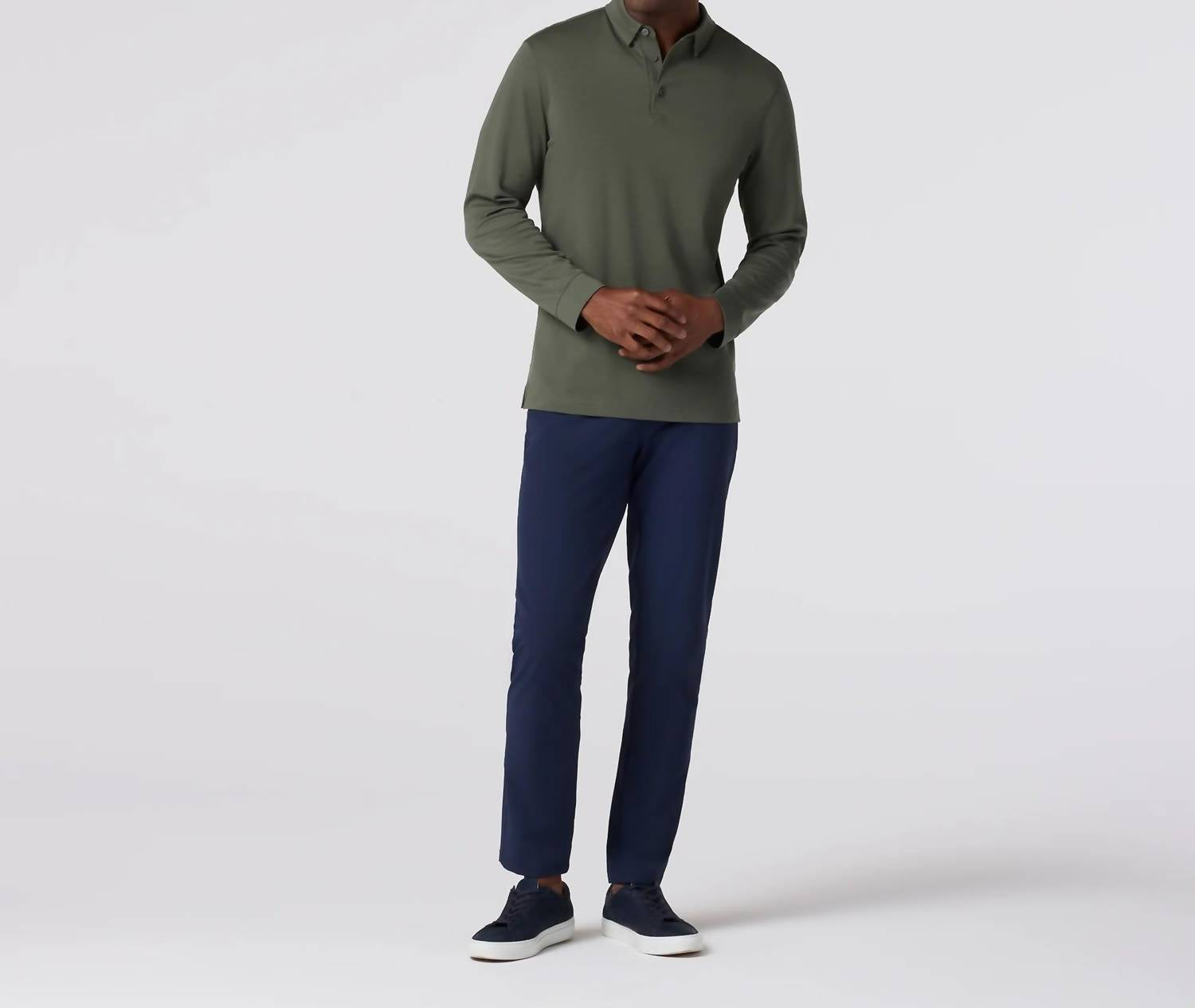 Mizzen + Main Kent Long Sleeve Polo in olive - men's shirt - detail view