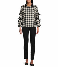 JOHN MARK Plaid Velvet Bow Poin Sleeve Button Front Shirt in black white - women's long sleeve top - view 4