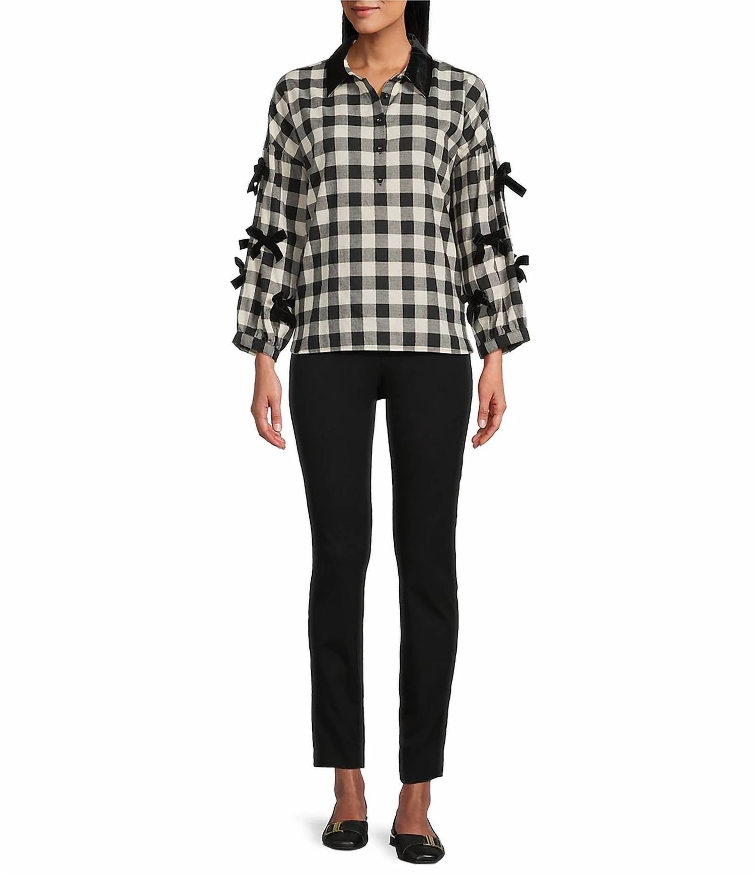 JOHN MARK Plaid Velvet Bow Poin Sleeve Button Front Shirt in black white - women's long sleeve top - view 4
