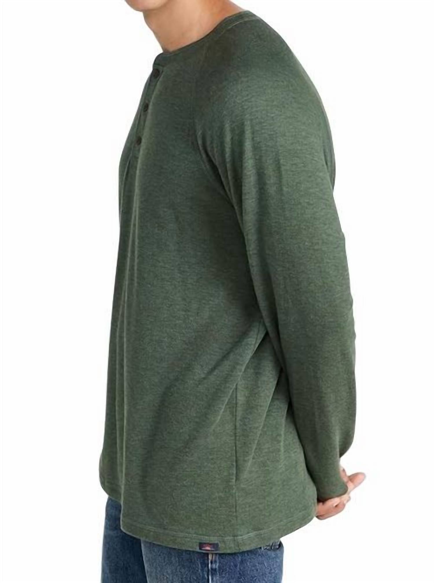 Faherty Men's Cloud Henley Top in deep fern heather - men's long sleeve top - detail view