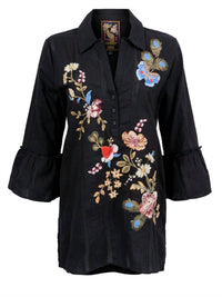 Johnny Was Women's Ruffle Sleeve Henley Tunic in black - women's shirt - alternate view