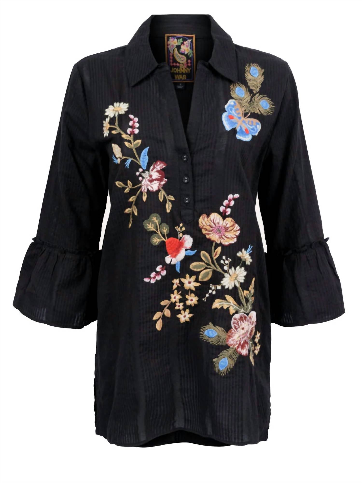 Johnny Was Women's Ruffle Sleeve Henley Tunic in black - women's shirt - alternate view