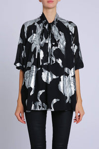 Beulahstyle - Foiled Floral Bowtie Blouse With Belt