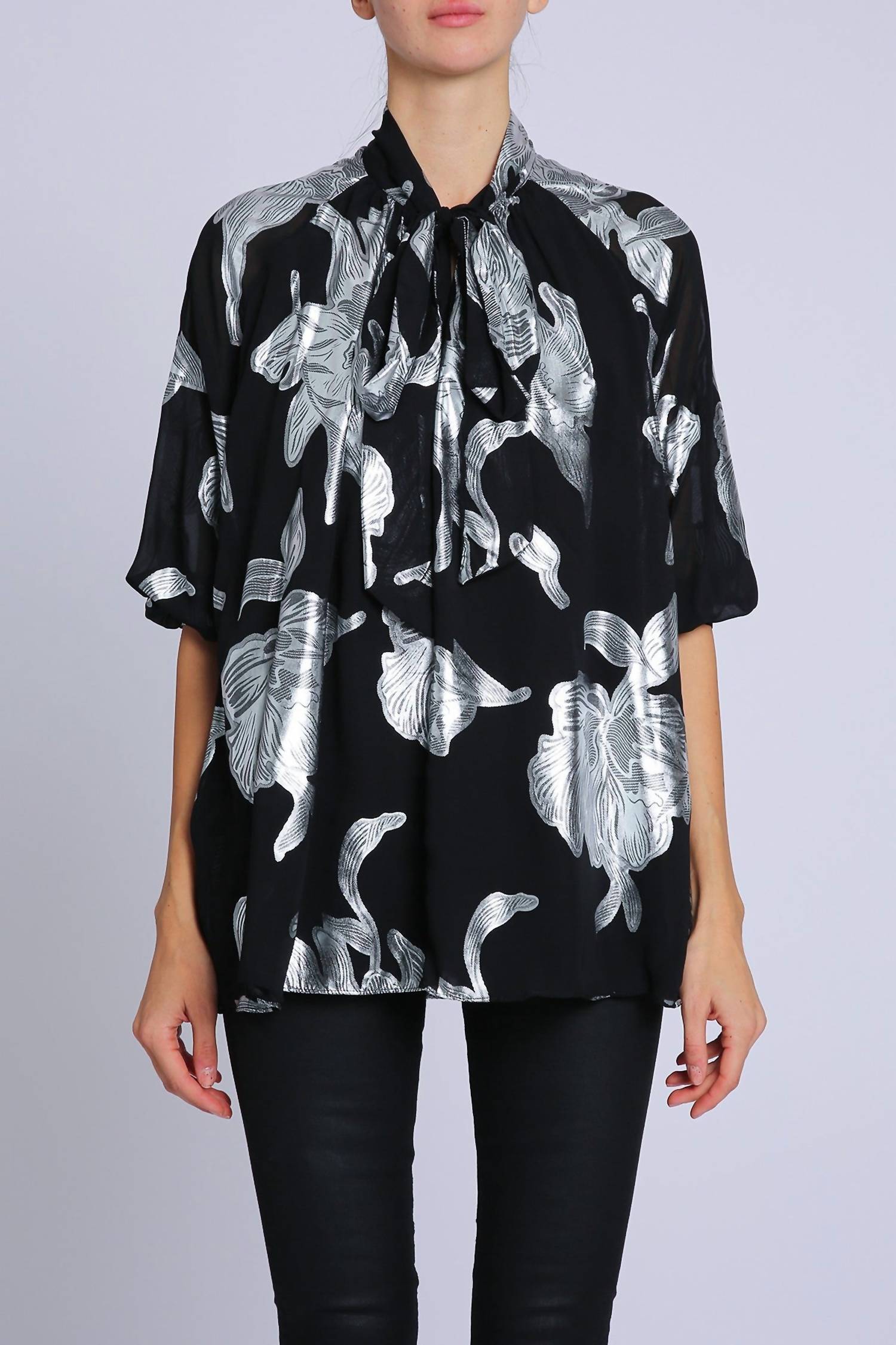 Beulahstyle - Foiled Floral Bowtie Blouse With Belt