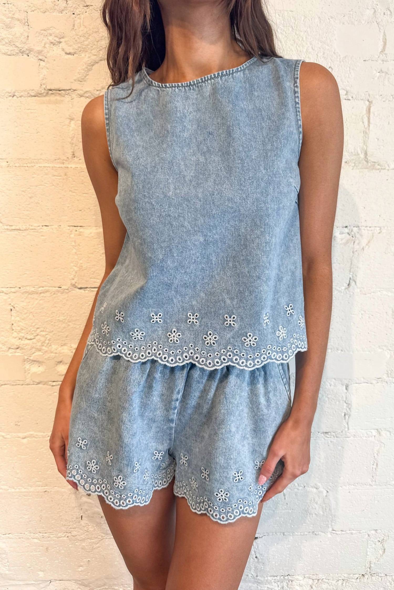 Adeline Embroidered Classic Shorts in denim - women's shorts - detail view