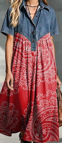 Vovalin - Bohemian Patchwork Paisley Print Cotton Dress