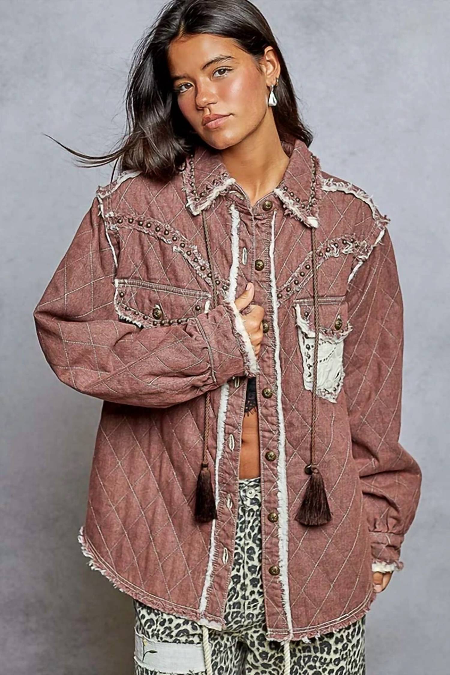 Pol - Long Sleeve Western-inspired Yoke Studded Lace Panel Jacket