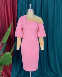 Metamorphosis - Nicole Off Shoulder Contrast Color Block Midi Dress