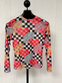 Davi & Dani - Checkered Heart Mesh Long Sleeve Top - Plus