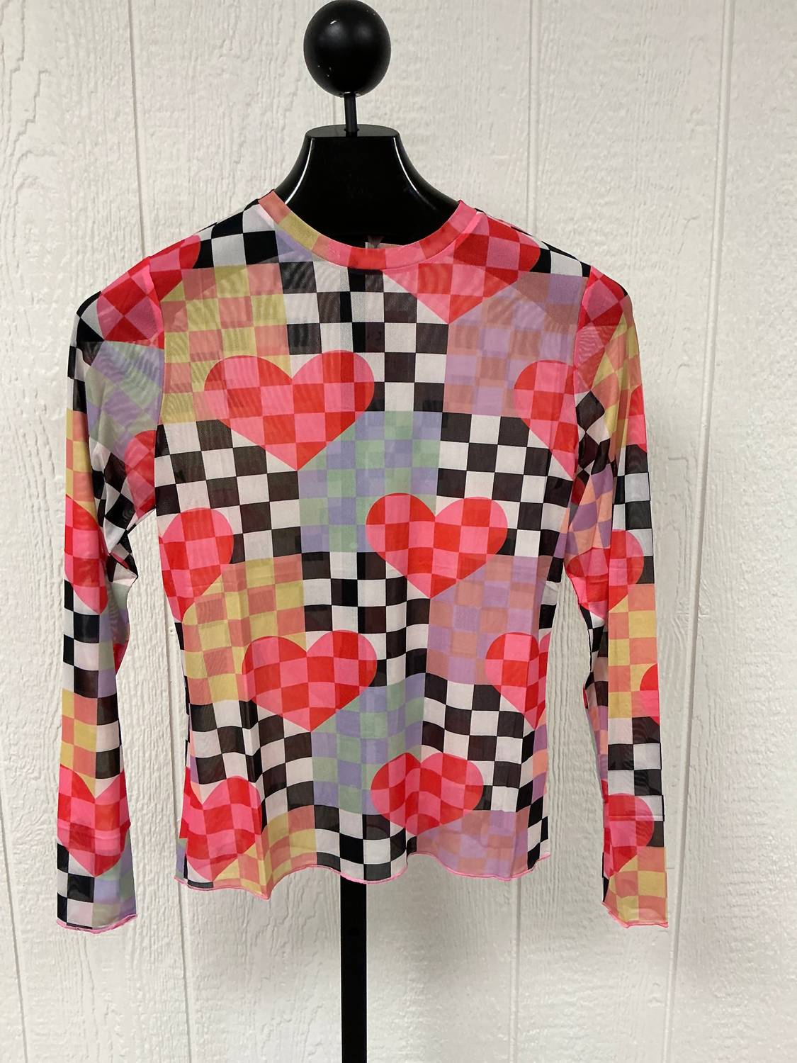 Davi & Dani - Checkered Heart Mesh Long Sleeve Top - Plus