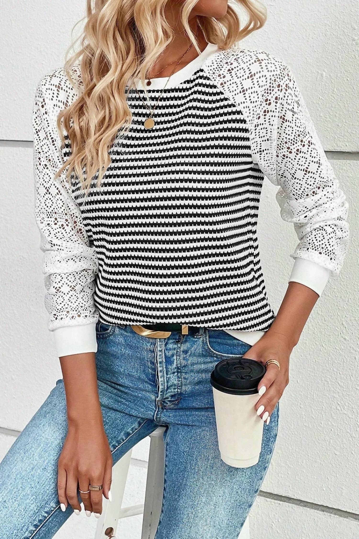 Dear Lover - Stripe Knit Top with Lace Sleeves