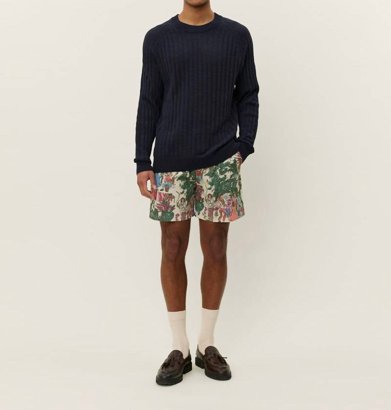 Les Deux Fabian Linen Crewneck Knit Sweatshirt in dark navy - men's shirt
