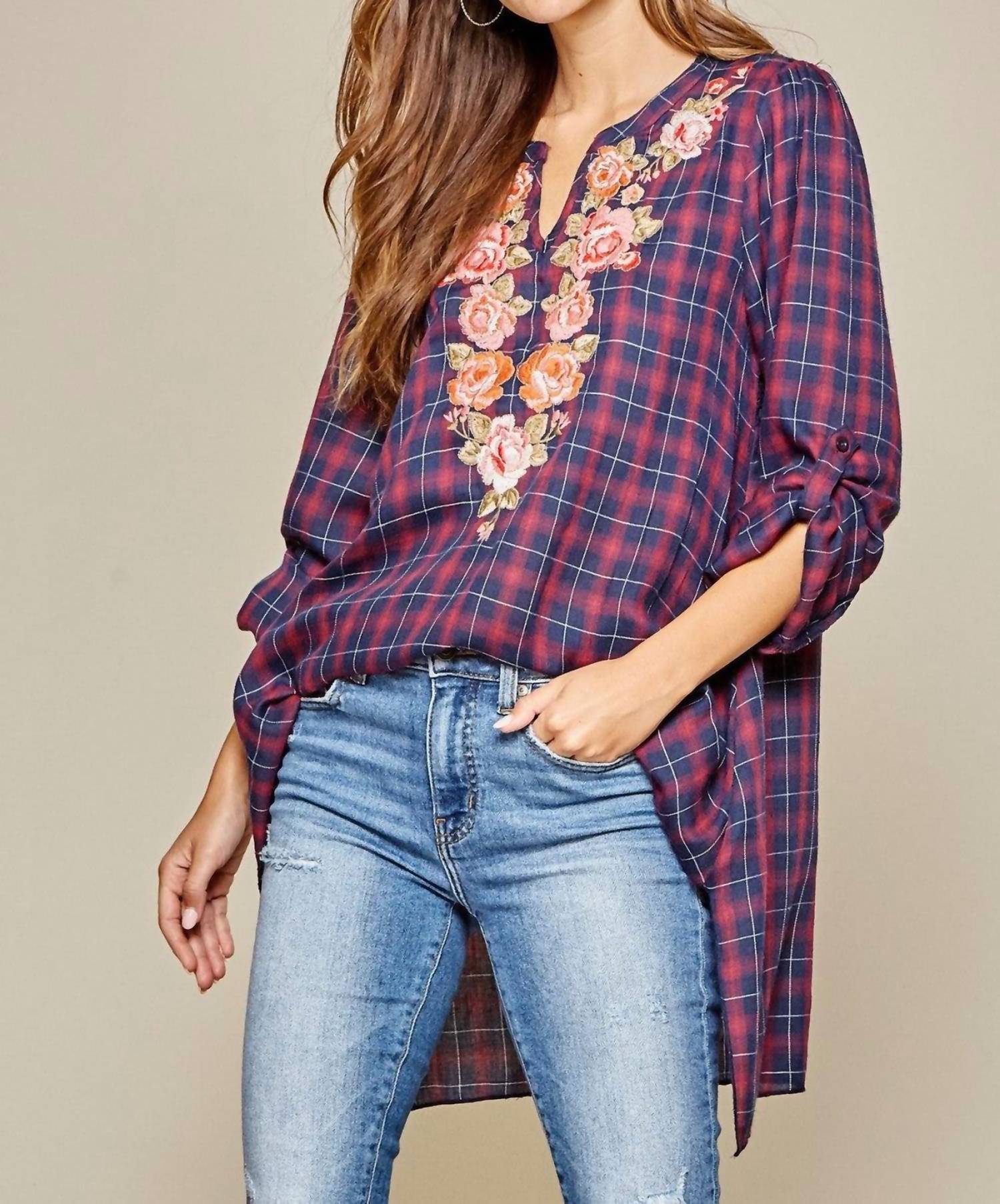 Andree By Unit - Plaid Embroidered Top
