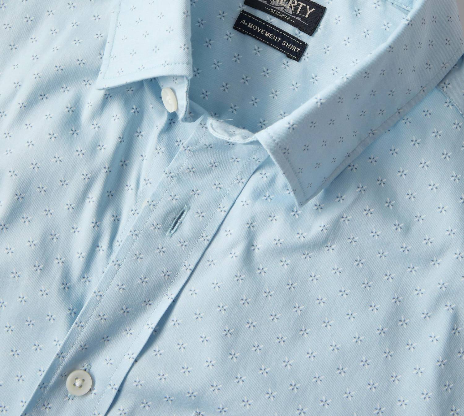 Faherty Men's Movement Short Sleeve Shirt in blue sand diamond - men's shirt - detail view