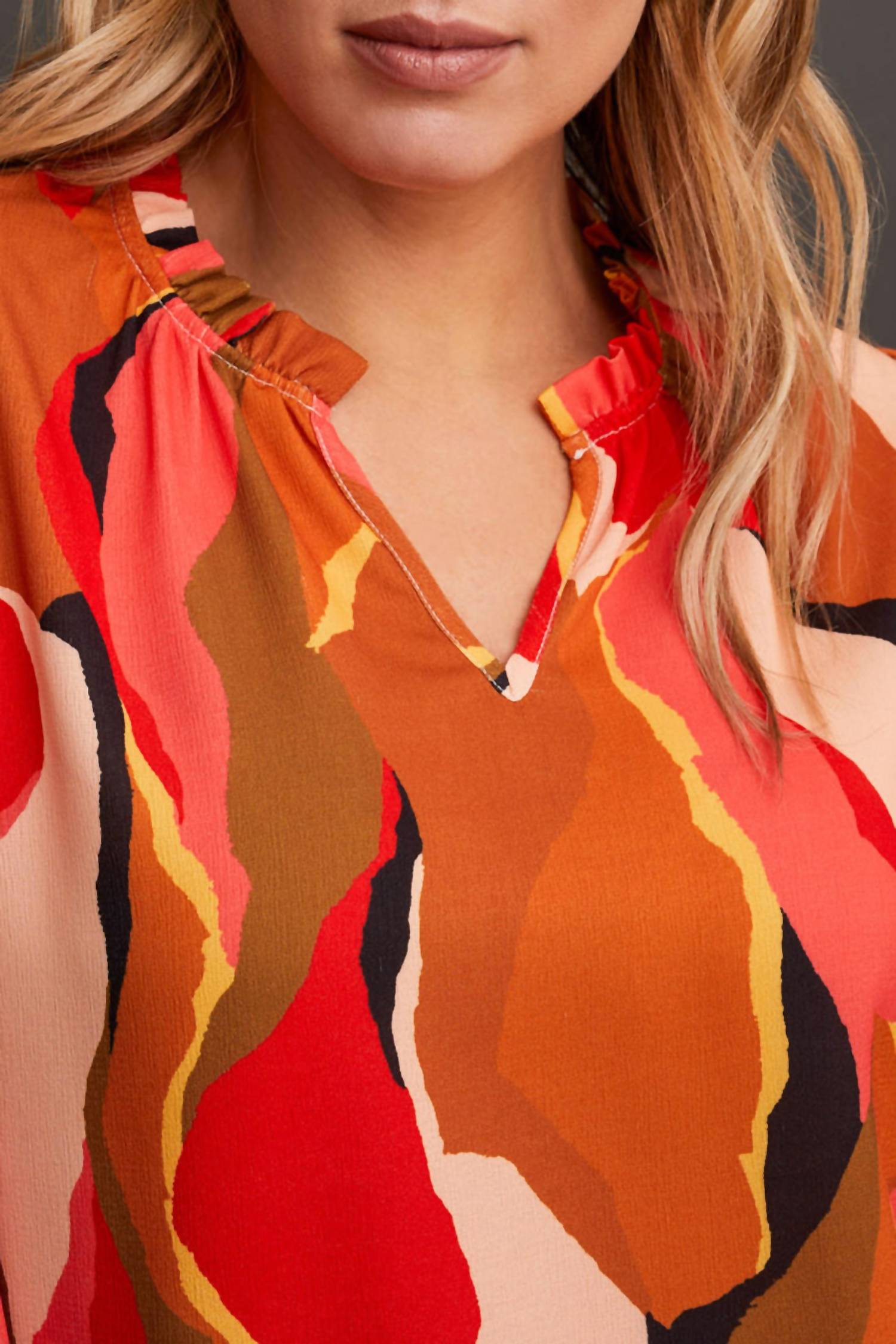 TRIBAL Ruffle Neck Long Sleeve Blouse in desert sun - women's blouse - view 4