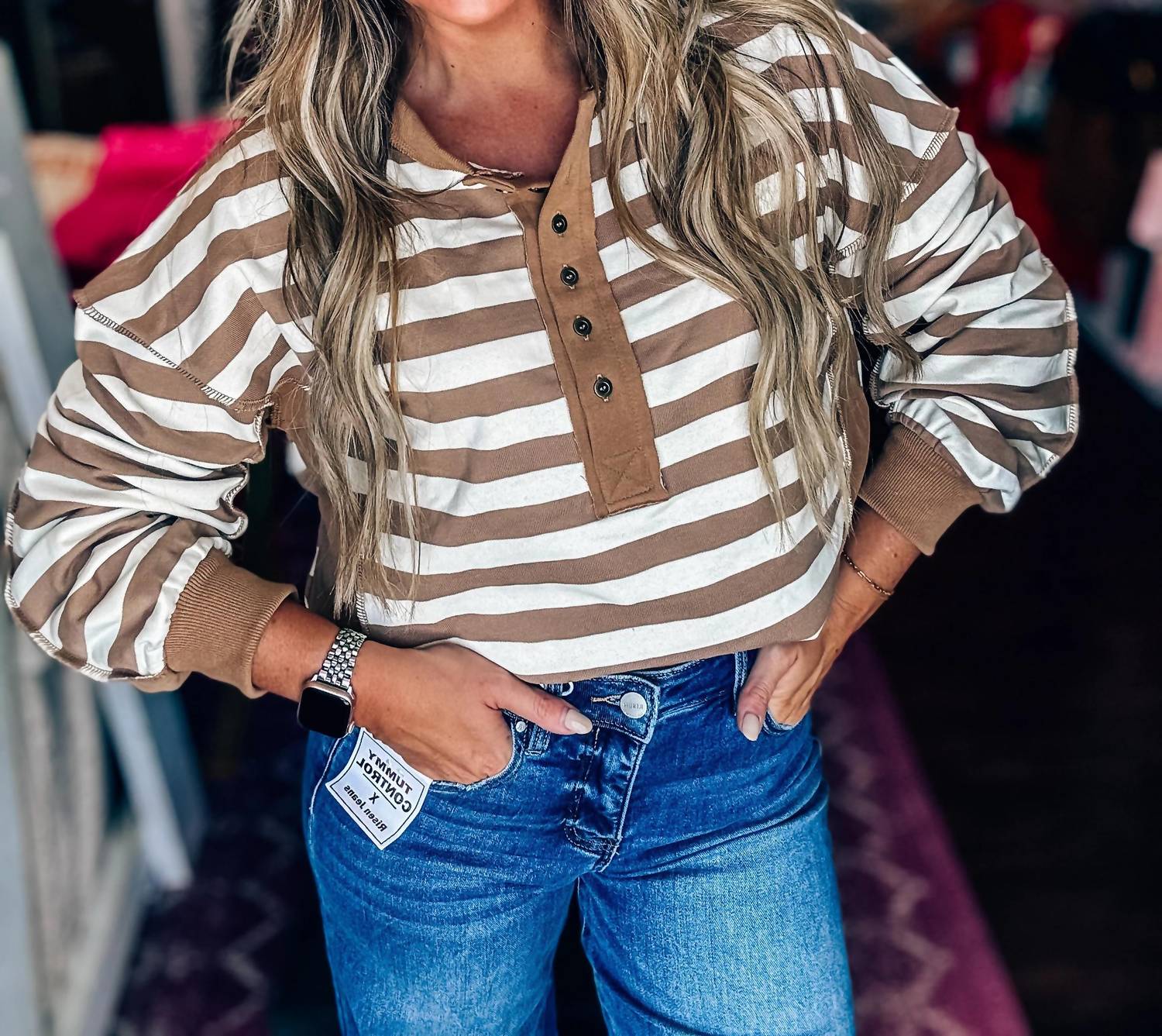 Very J - Oversized Striped Half Button Down Top