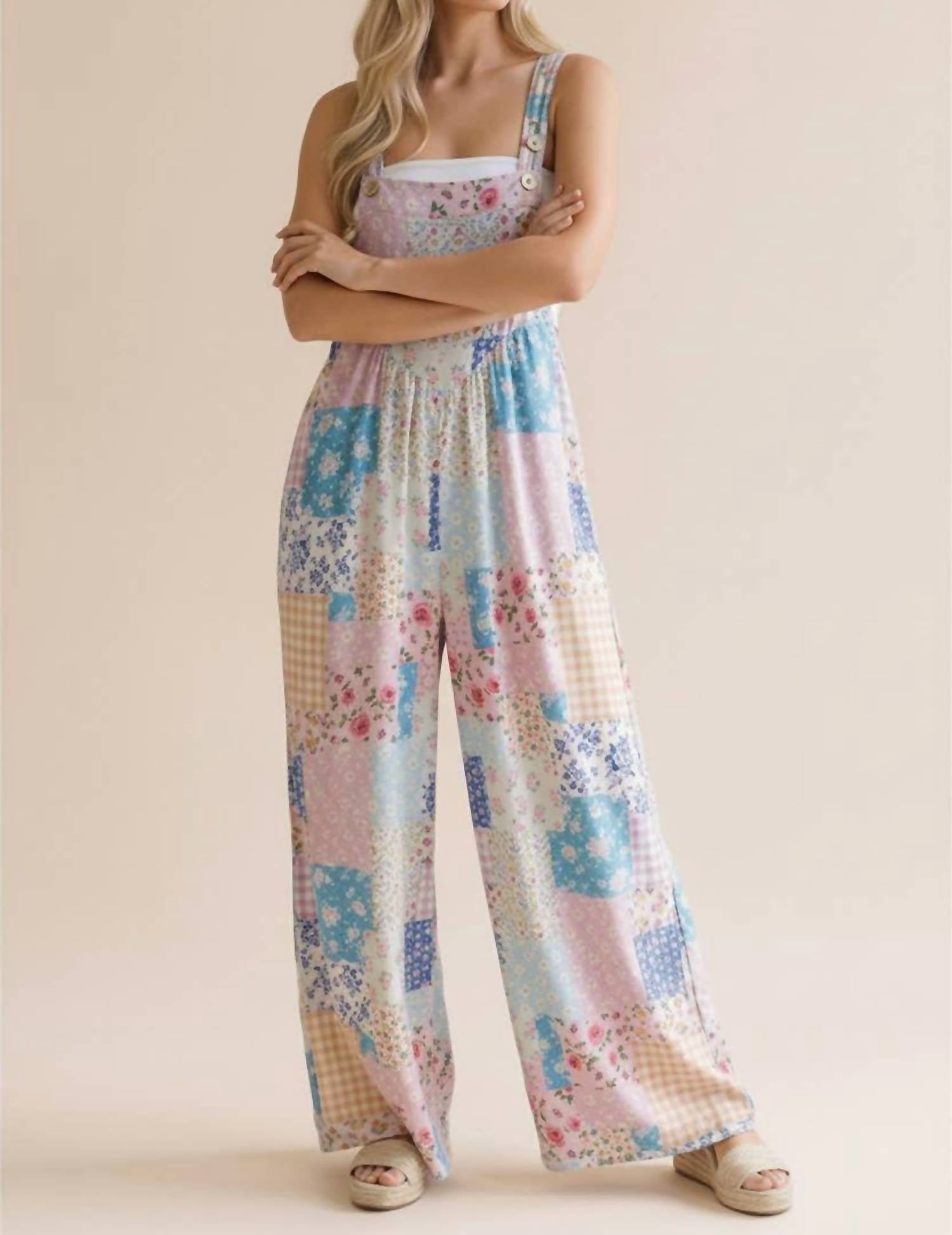 Haptics - Floral Patchwork Wide Leg Bib Jumpsuit - Plus