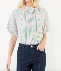 THML Puff Sleeve Striped Top in green pink - women's blouse