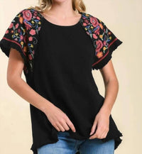 Umgee - Embroidered Sleeve Frayed Ruffle Trim Top