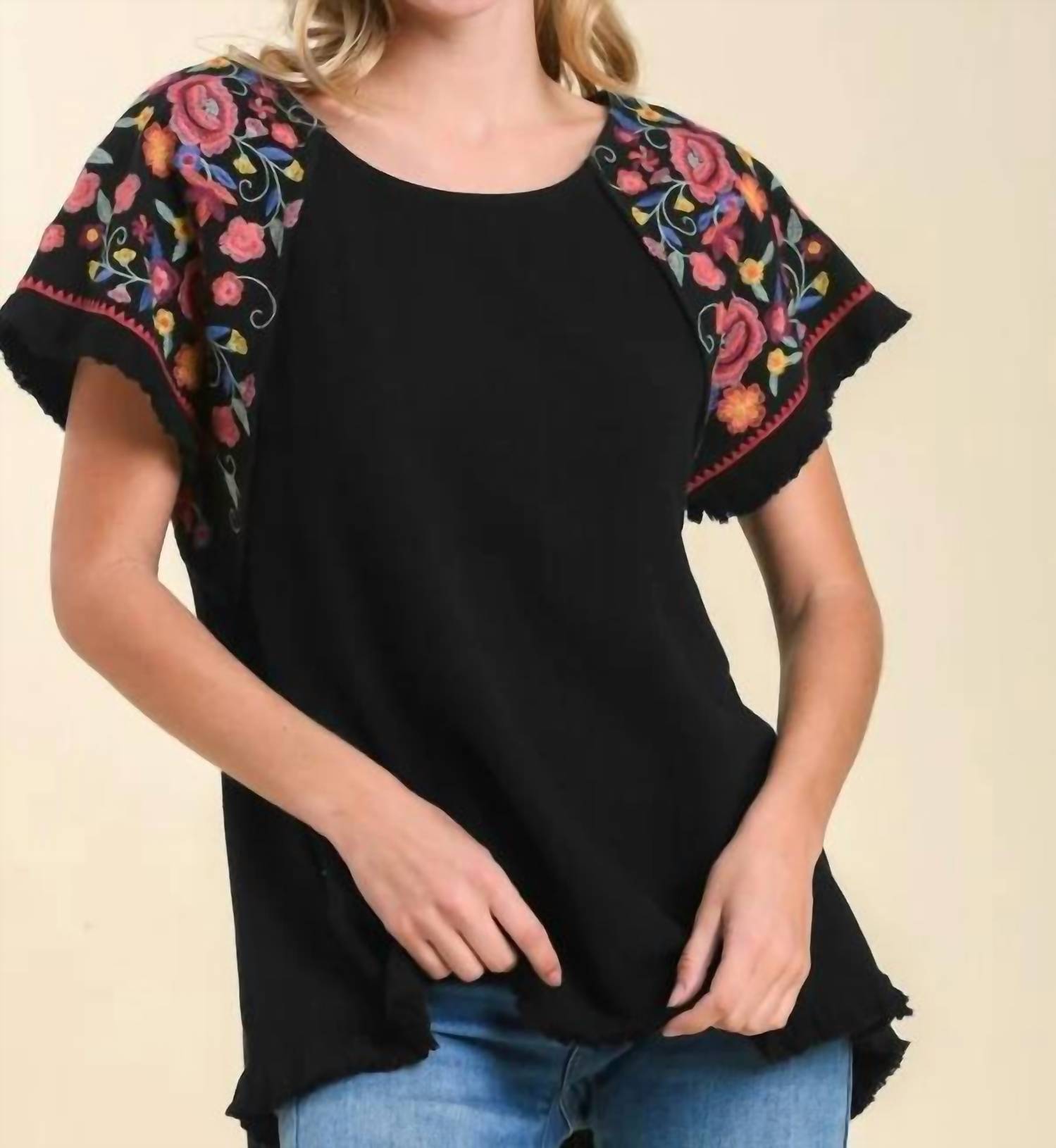Umgee - Embroidered Sleeve Frayed Ruffle Trim Top