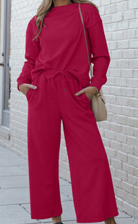 Double Take - Full Size Textured Long Sleeve Top And Drawstring Pants Set
