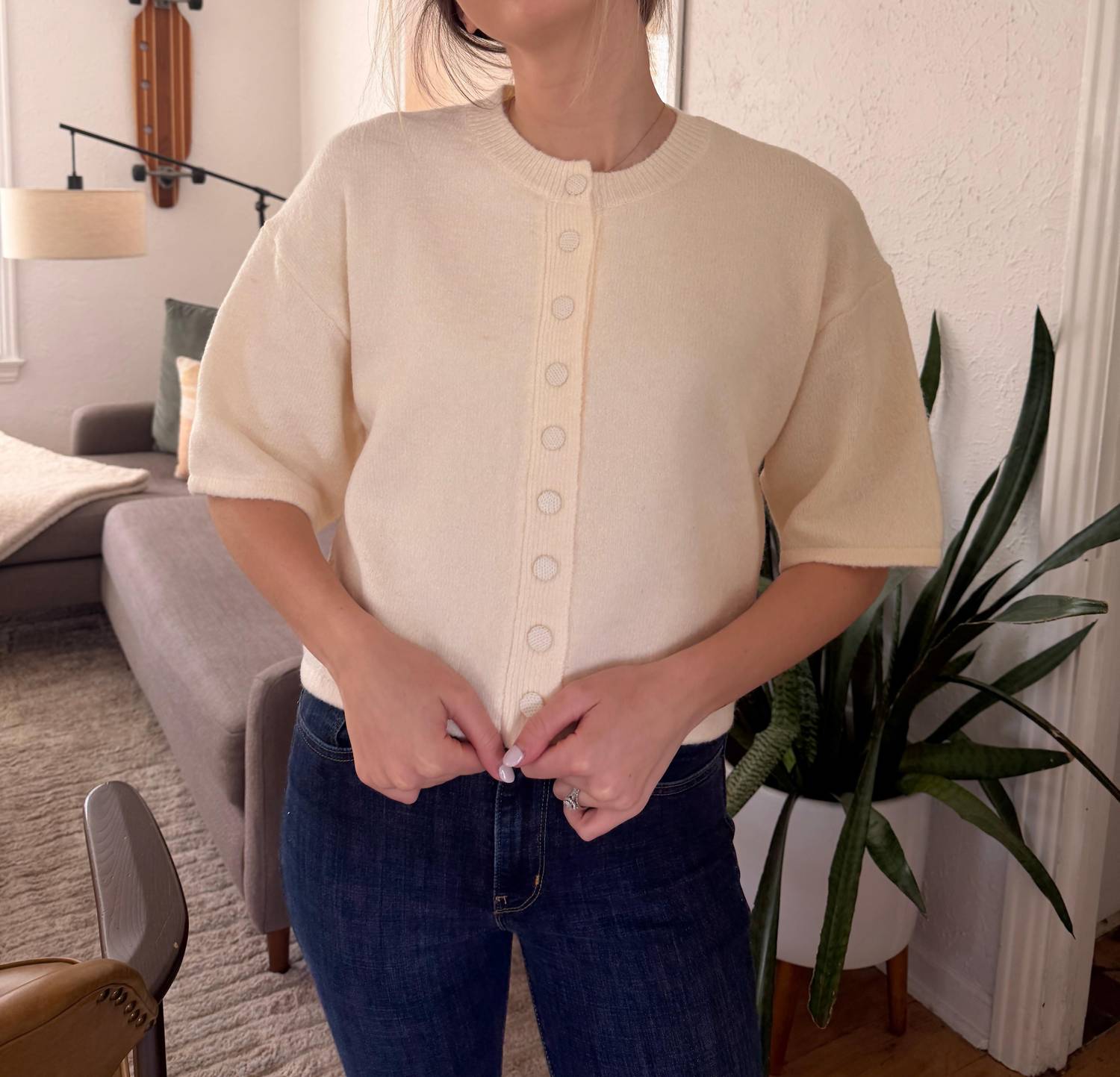 PINCH Knit Short Sleeve Button Cardigan Top in cream - women's cardigan
