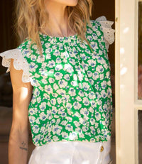Voy - Emerald Isle Eyelet Ruffle Sleeve Print Top