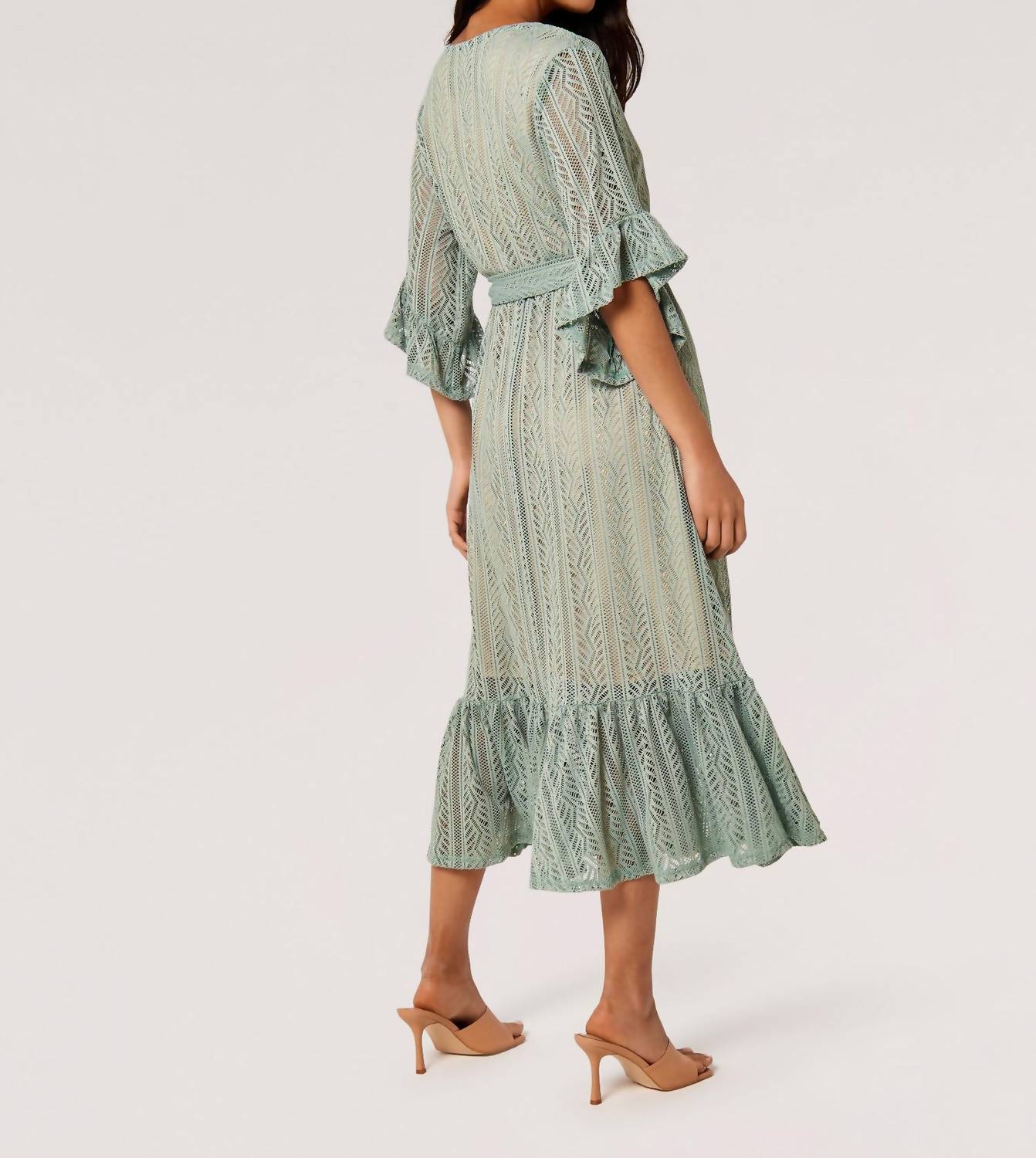 Apricot - Lace Ruffle Wrap Midi Dress