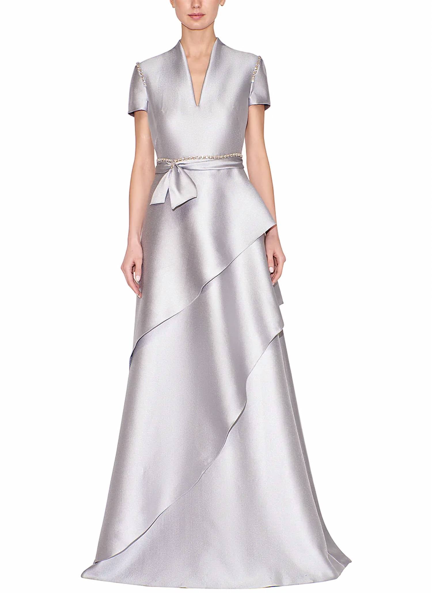 Reem Acra - Short Sleeve Split Neck Caftan Gown