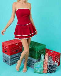 Day + Moon - Strapless Drop Waist Pleated Mini Romper Dress