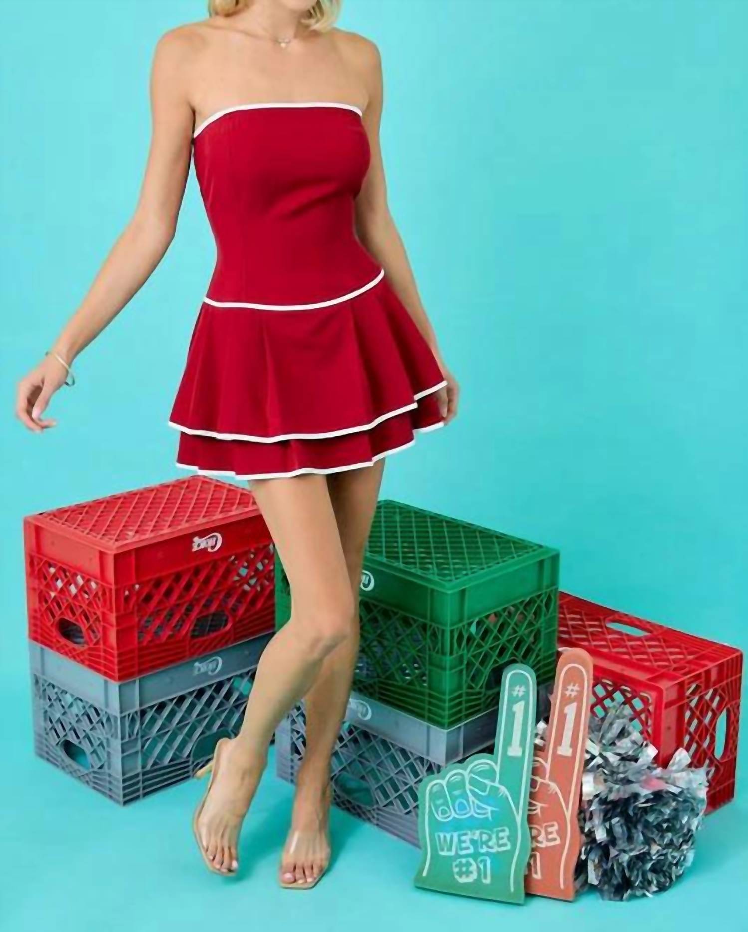 Day + Moon - Strapless Drop Waist Pleated Mini Romper Dress