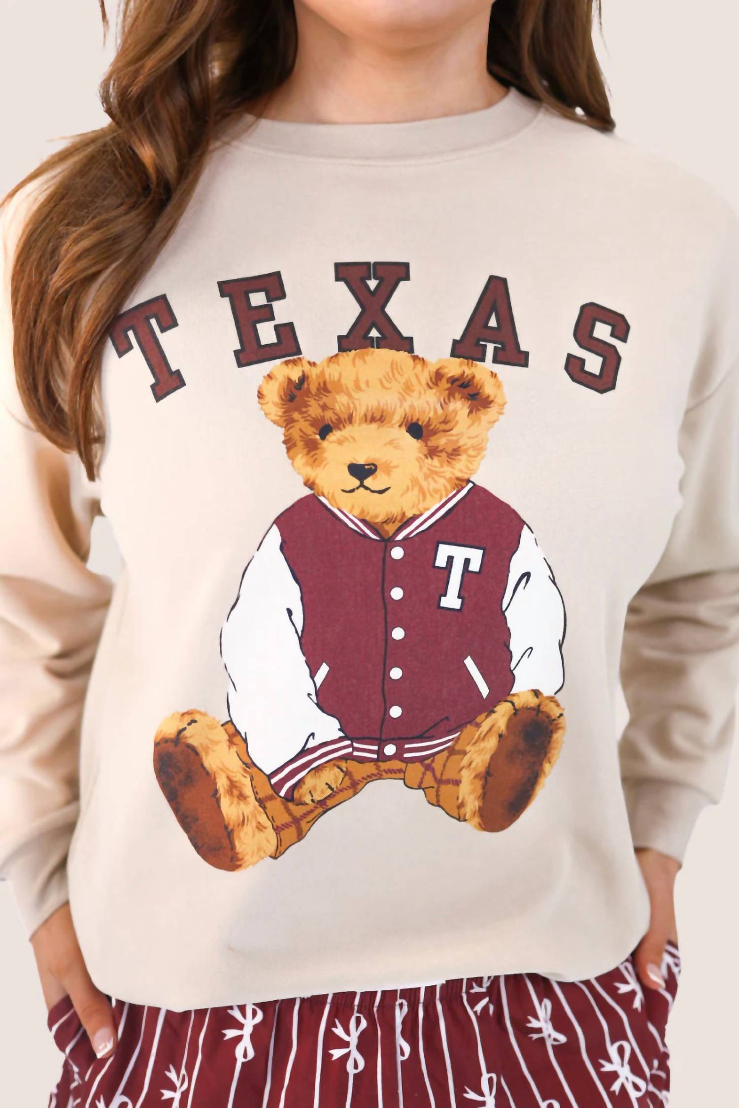 Jess Lea Benny The Texas Bear Pullover Sweatshirt in beige - women's top - detail view