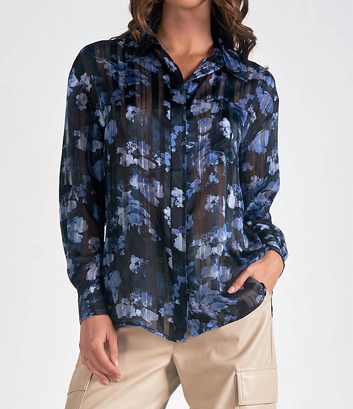Elan - Long Sleeves Floral Sheer Blouse
