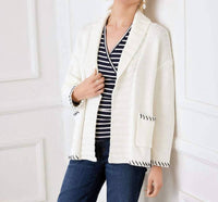 Karen Kane Contrast Stitch Open Front Cardigan Sweater in off white with navy - women's cardigan - view 10