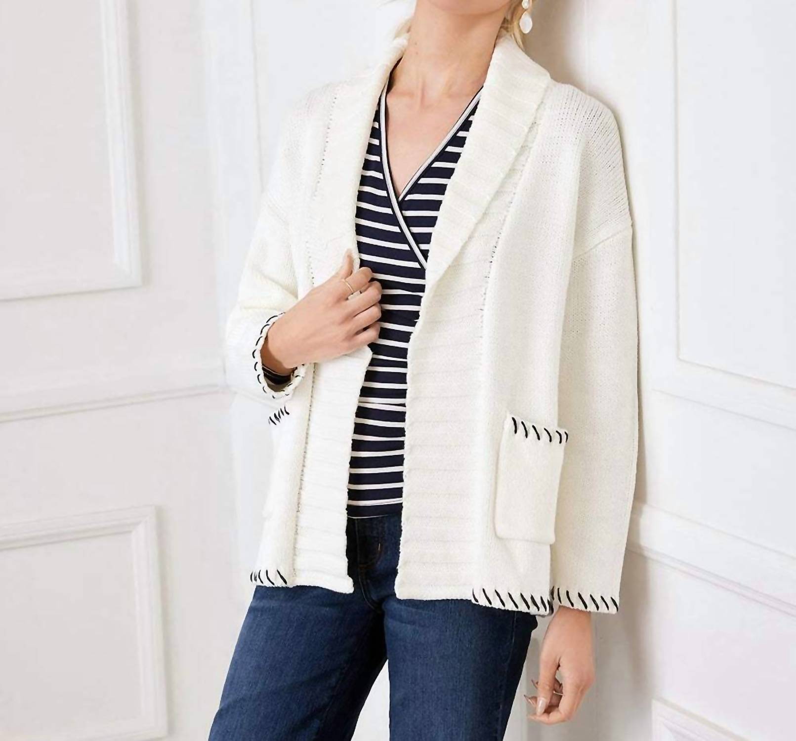 Karen Kane Contrast Stitch Open Front Cardigan Sweater in off white with navy - women's cardigan - view 10