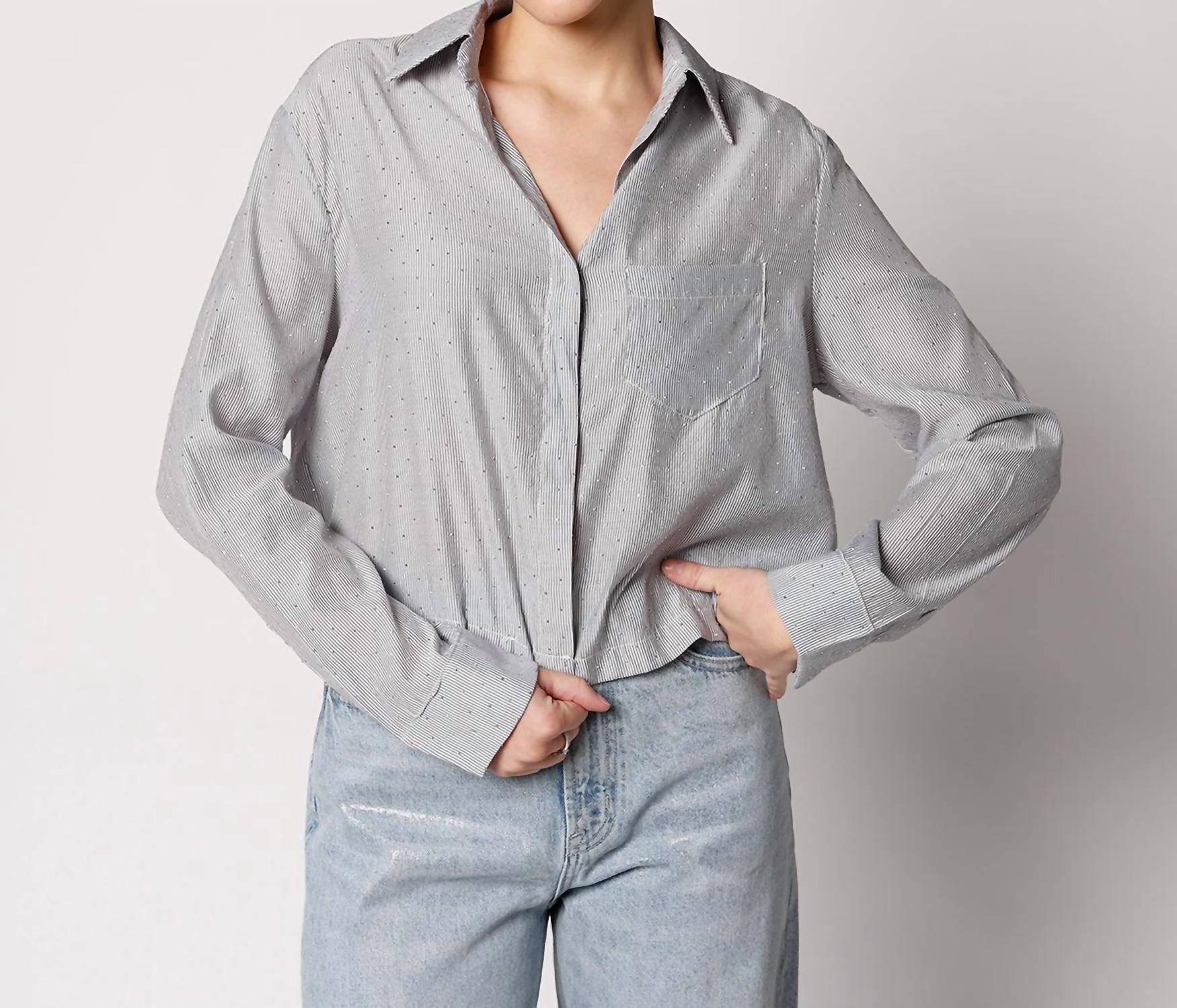 SAGE THE LABEL Starry Night Button Up Top in light blue - women's long sleeve top