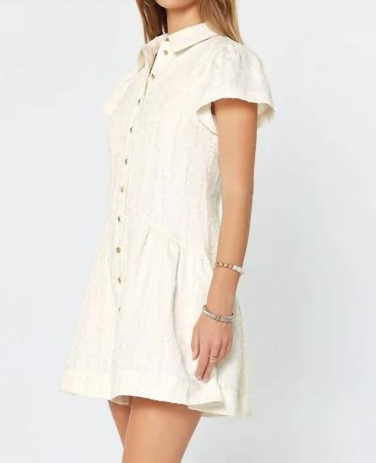 Current Air - Textured Detail Short Sleeve Button Down Mini Dress