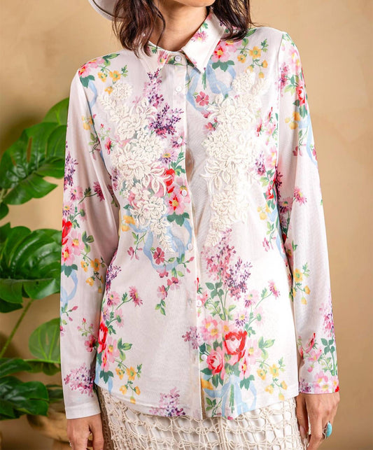 Paparazzi - Floral Print Mesh Button Down Shirt - Lined