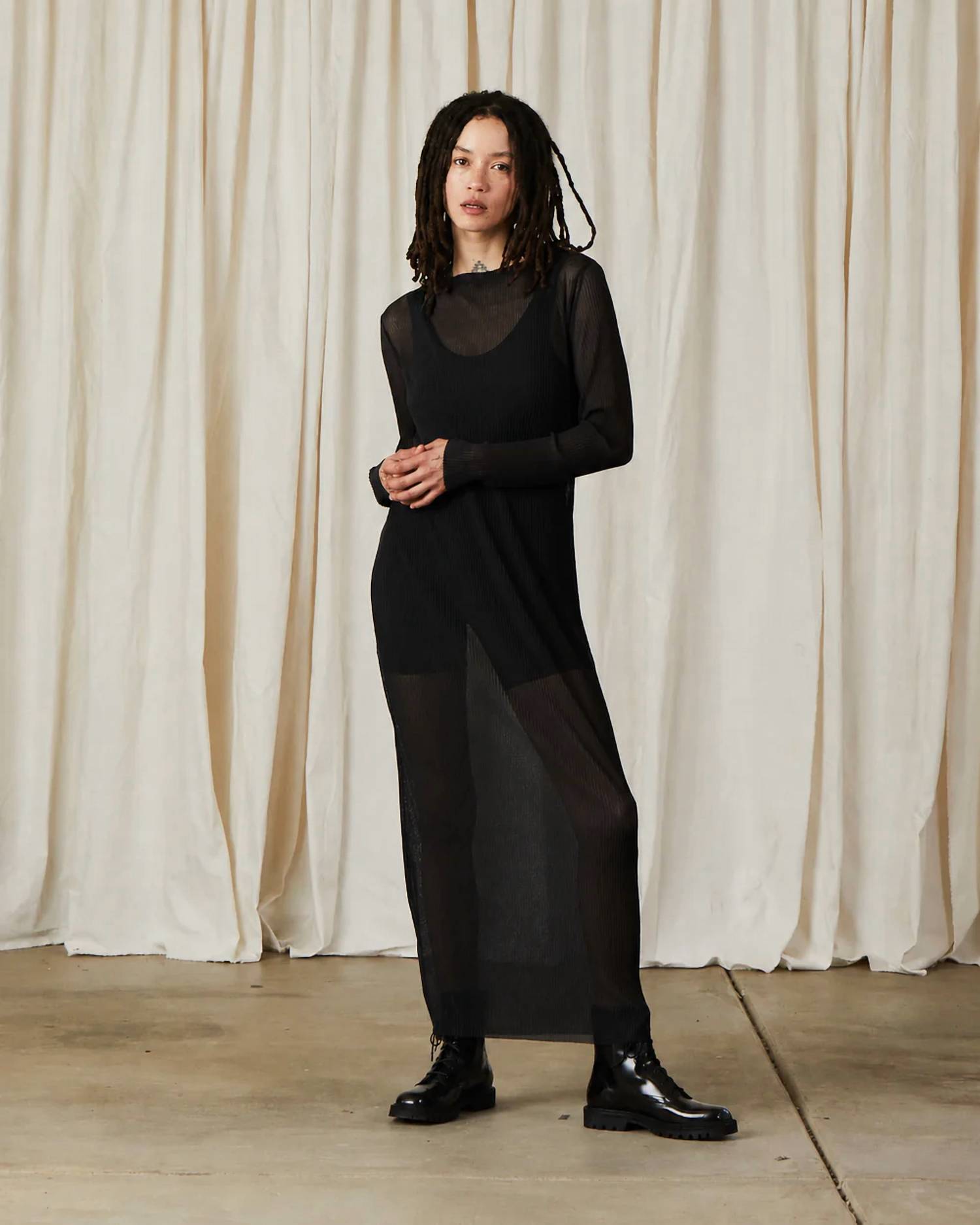 Ali Golden - Pleated Mesh High Neck Dress