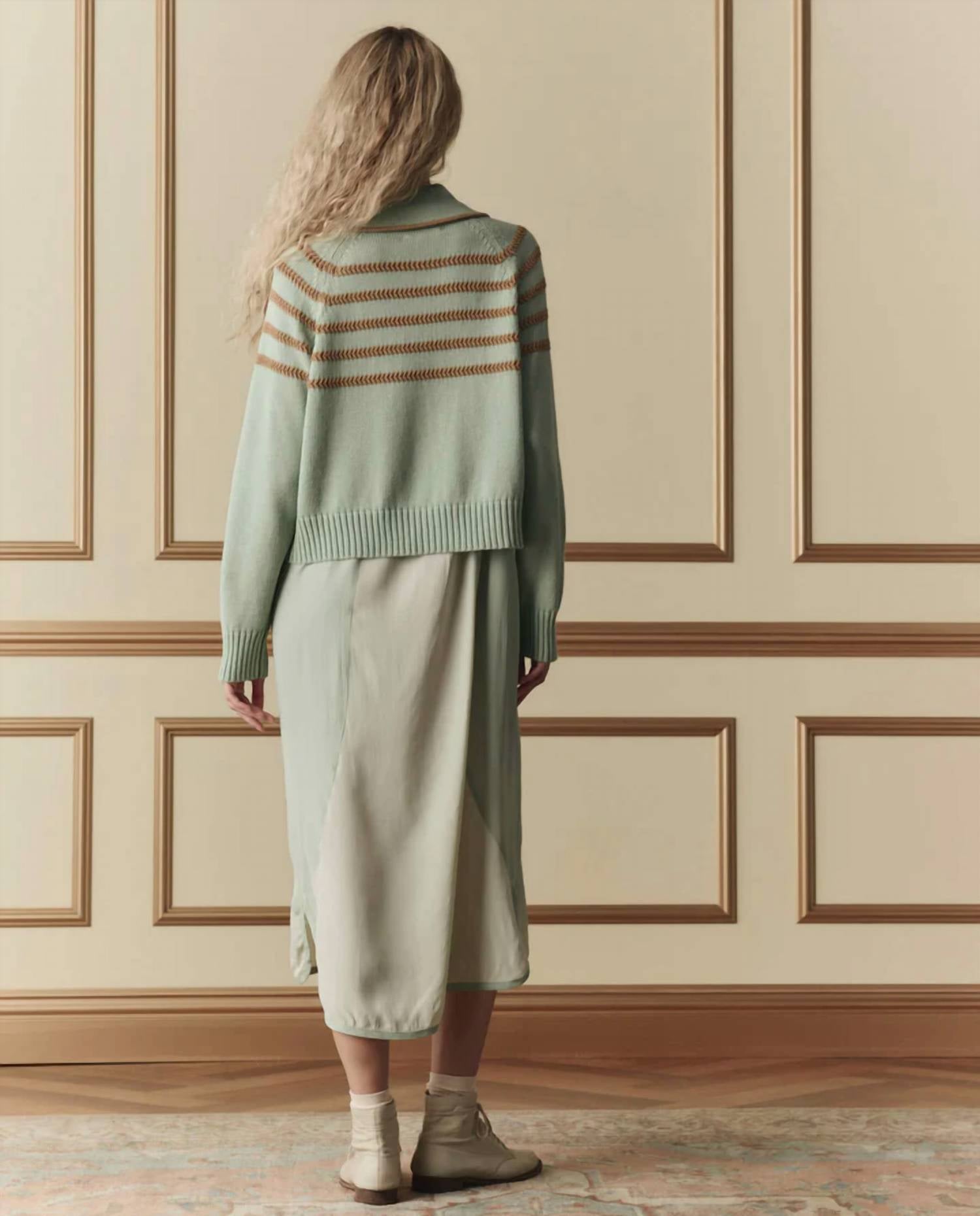 The Great. - Scholar Cardigan with Crochet Stripes