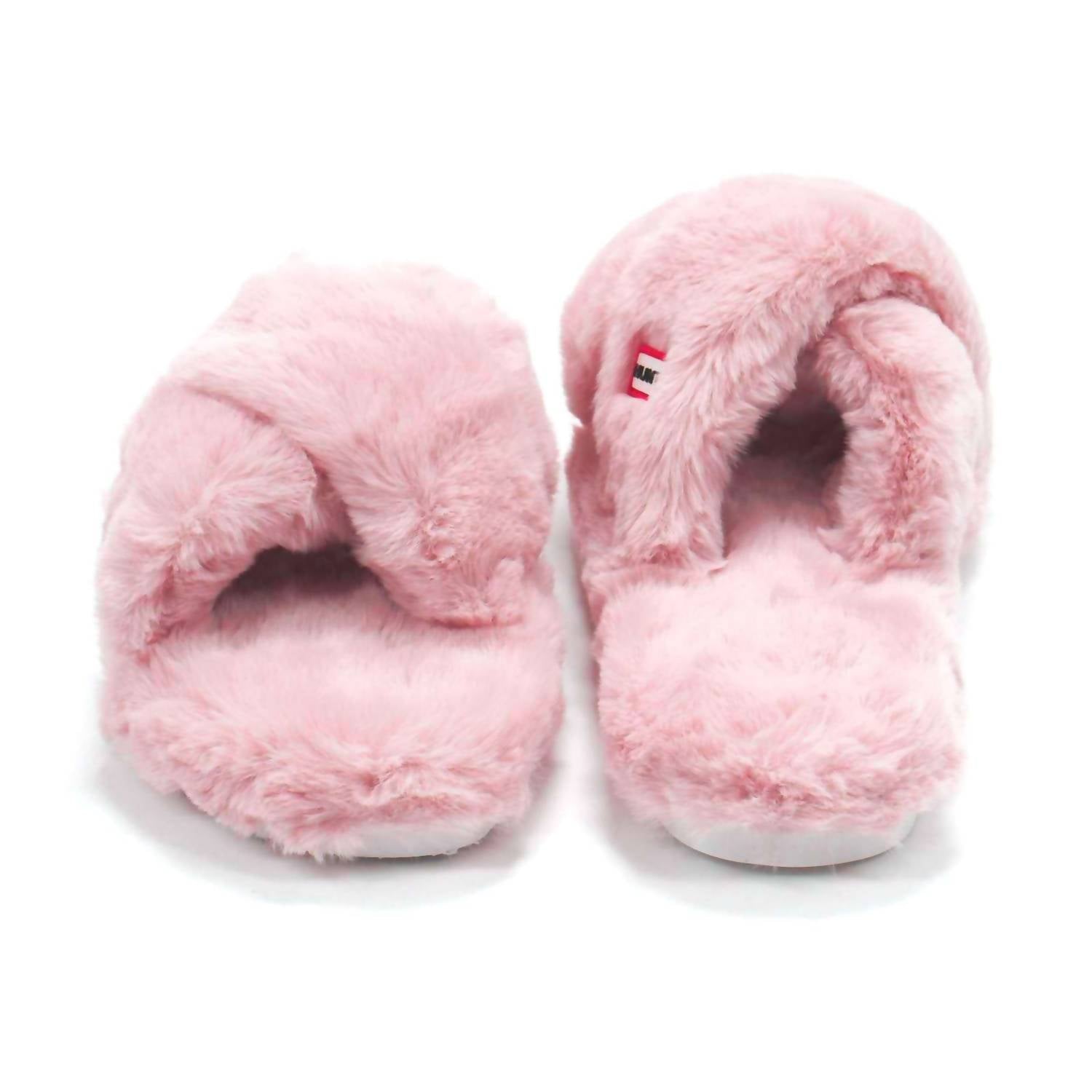 HUNTER Women's Faux Fur Flatform Crossover Slides in azalea pink - women's shoe - view 4