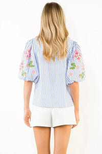 Thml - Puff Sleeve Striped Embroidery Detail V-neck Top