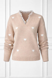Miss Sparkling - Heart Print Lace Trim Sweater