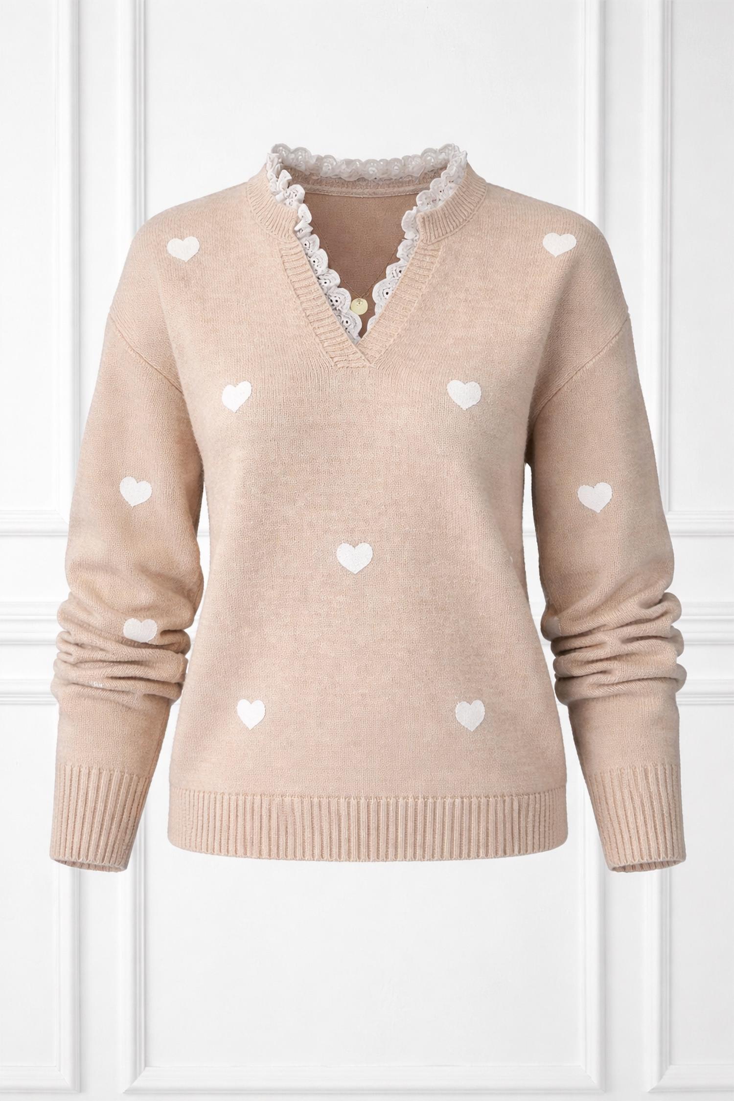 Miss Sparkling - Heart Print Lace Trim Sweater